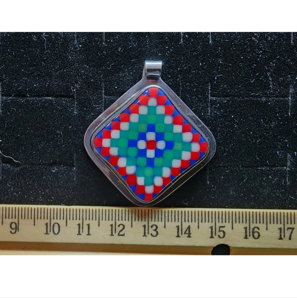 Native American Sterling Silver/Enamel Quilt Pattern Necklace Pendant Martina 95